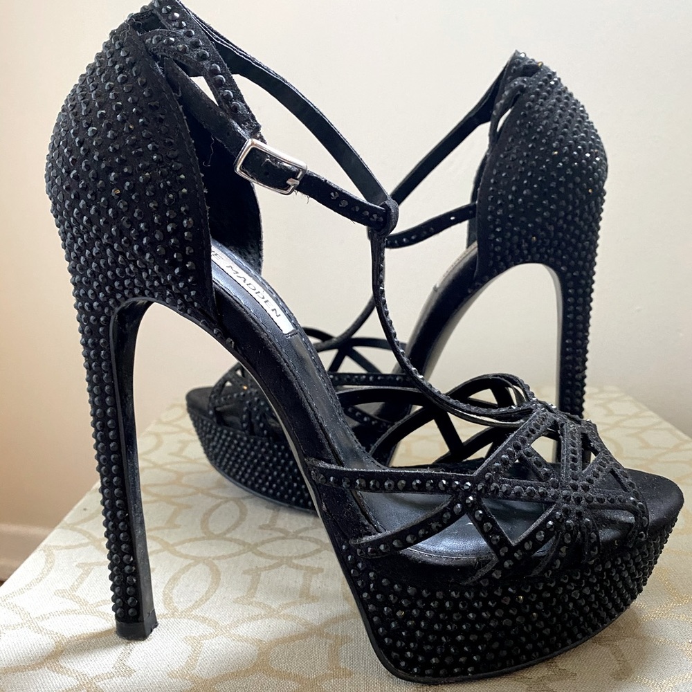 Steve Madden Black Rhinestone Trimmed Heel.